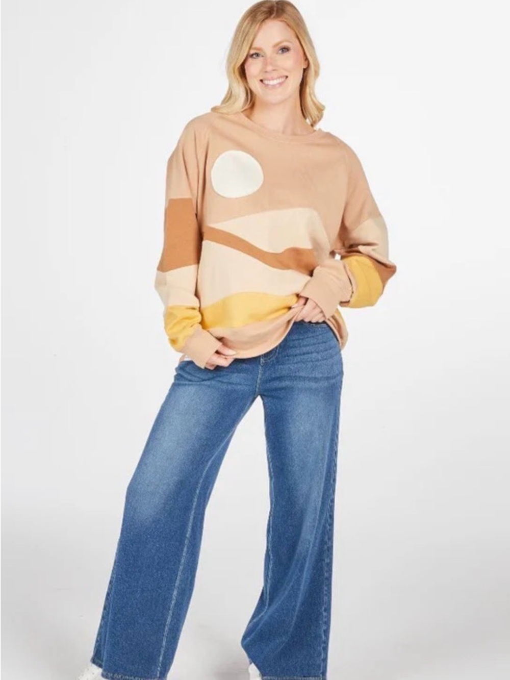 Simply Southern Beige, Tan & Yellow Graphic Pullover Sweatshirt